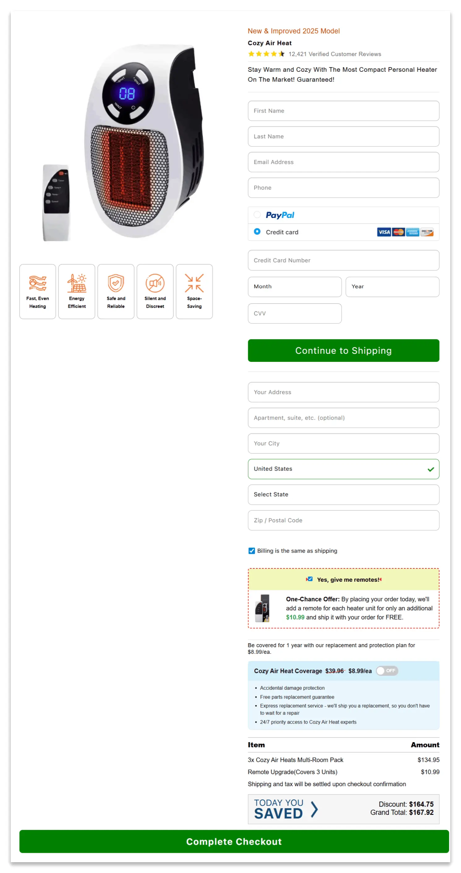 Cozy Air Heat secure checkout page